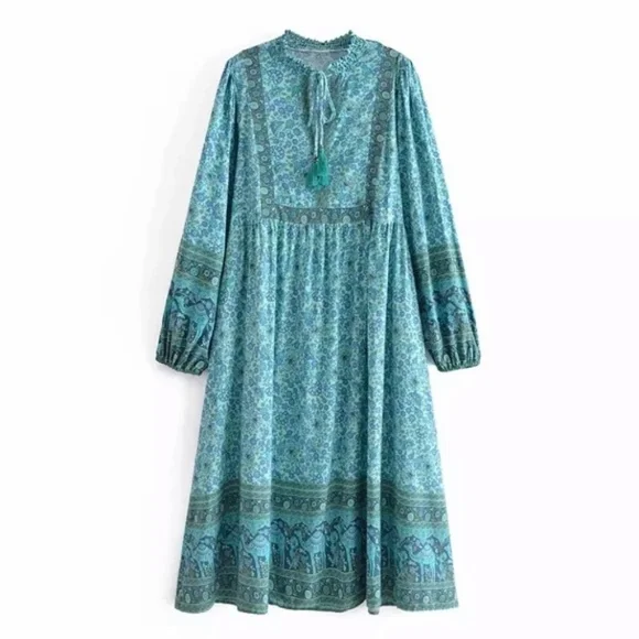 SOLD OUT Aqua Bohemian Floral Camel Long Sleeve Bohemian Gypsy Dress - Picture 4 of 5